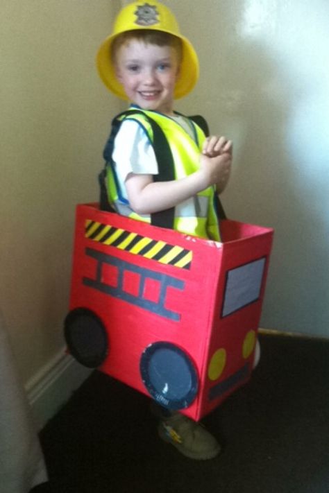 Fire engine made out of an old nappy box just painted up for my sons dress up day at nursery. And a great new toy for afterward :-) Fire Brigade Activities For Kids, Fire Engine Craft, Community Helpers Crafts, Fire Engine Party, Community Helpers Unit, Firefighter Party, Community Helpers Preschool, Eyfs Activities, Cardboard Box Crafts