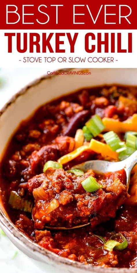 Food Cravings Healthy, Slow Cooker Turkey Chili Recipe, Best Turkey Chili, Healthy Chili Recipe Turkey, Easy Turkey Chili, Chili Recipe Stovetop, Turkey Chilli, Turkey Chili Crockpot, Turkey Chili Recipe