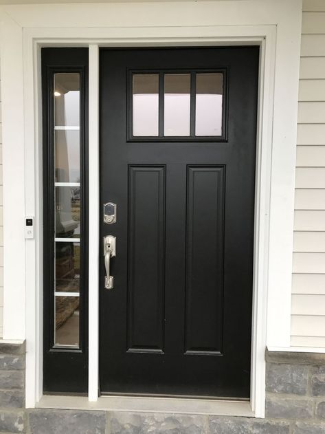 Black Exterior Doors Entryway, Black Door Exterior Front Entry, Exterior Front Door Ideas, Black Front Door With Sidelights, Craftsman Front Door, Exterior Doors With Sidelights, Porch Railing Designs, Upvc Front Door, Black Exterior Doors