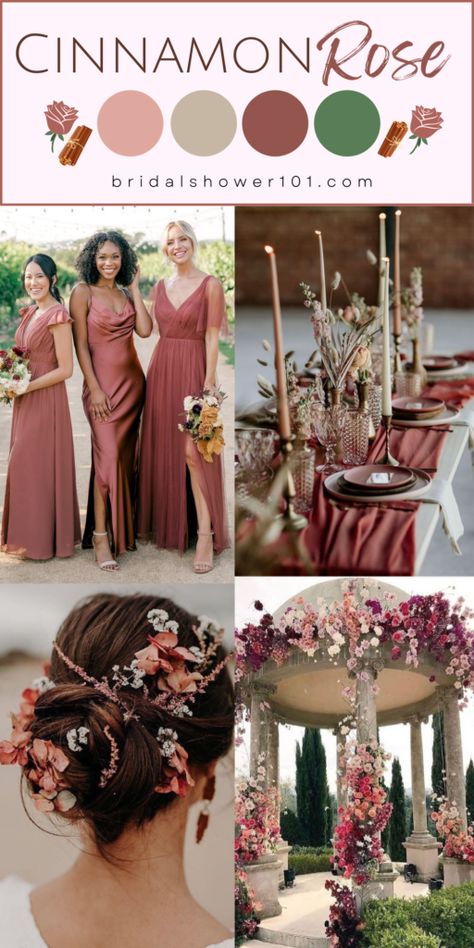 Champagne Rose Wedding Colors, Bridesmaid Dresses Cinnamon Rose, Bridesmaids In Two Different Colors, Cinnamon Rose And Dusty Rose Wedding, Cinnamon Rose Palette, Fall Wedding Colors Dusty Rose, Cinnamon Pink Wedding, Wedding Color Decorations, Cinnamon Rose Wedding Florals