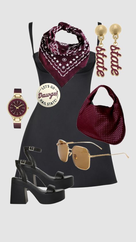 Mississippi state gameday outfit ideas maroon black and gold gameday college sport outfit ideas #outfitinspo #gamedayoutfitinspo #gamedayootd #ootd #collegeoutfit Gameday Outfit Maroon, Ms State Game Day Outfit, Gameday Outfits College, Maroon Game Day Outfit, Mississippi State Game Day Outfit, Black Gameday Outfit, Uofsc Gameday, Sport Outfit Ideas, Mississippi State Baseball