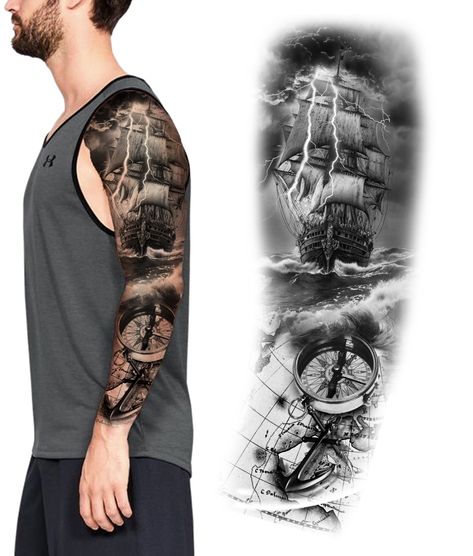 Pirate Lady Tattoo, Ship Tattoo Design, Pirate Tattoo Sleeve, Sea Tattoo Sleeve, Ship Tattoo Sleeves, Voll Arm-tattoos, Rose Tattoo With Name, Nautical Tattoo Sleeve, Tricep Tattoos