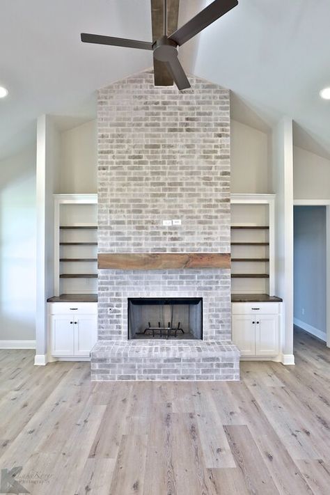 Claiborne — KPC Grey Fireplace, White Brick Fireplace, Fireplace Living Room, Fireplace Mantle Decor, Paint Fireplace, Fireplace Tv Wall, Shop House Plans, Home Fireplace, White Brick