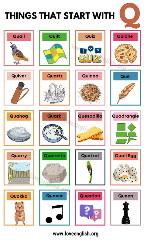 29 Unique Things That Start With Q In English - Love English Things That Start With A, Quirky Words, Words With Q, Summer Alphabet, English Knowledge, English Learning Books, Grammar For Kids, Letter Crafts, Learning Books