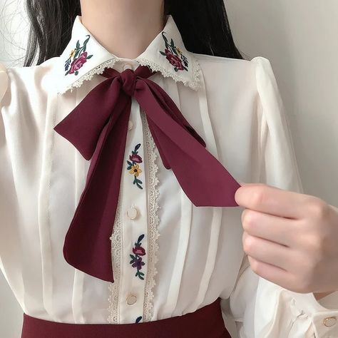 Edwardian Blouse, Victorian Blouse, Bow Tie Blouse, Mori Girl Fashion, Cottagecore Fashion, Retro Pin Up, Gorgeous Blouses, Embroidered Chiffon, Winter Home Decor