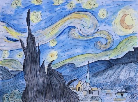 Quick watercolor pencil version of the starry night Stary Night Watercolor Painting, Watercolour Starry Night, Starry Night Pencil Drawing, Starry Night Watercolor, Watercolor Starry Night, Quick Watercolor, Knight Drawing, Chapel Hill North Carolina, Starry Night Painting