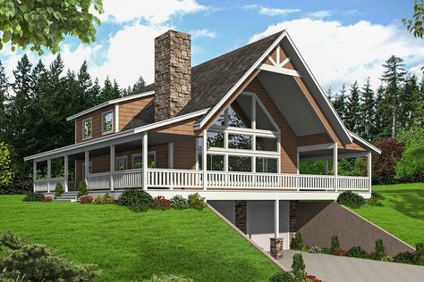 2-Story 3-Bedroom Mountain Country House with Drive-Under Garage and Shop (House Plan) Floorplan House, Sloping Lot House Plan, Hillside House, Garage House Plans, Mountain House Plans, Lake House Plans, Country House Plan, Barn Homes, Wooden Houses