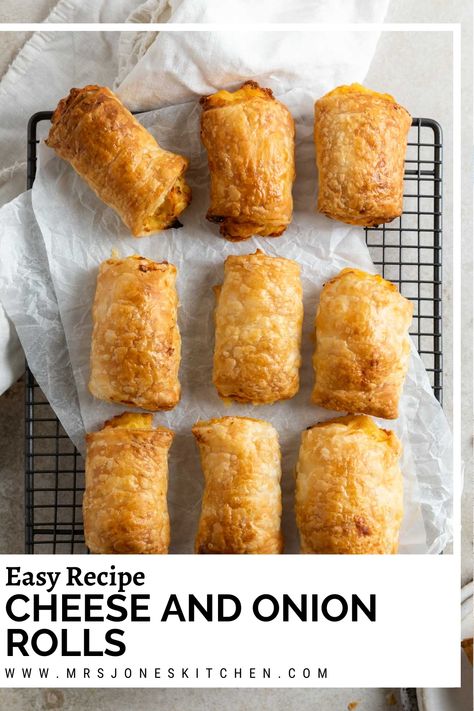 9 cheese and onion rolls on a wire cooling rack. Cheese And Onion Rolls Recipe, Cheese And Onion Rolls, Pastry Rolls, Cheese Roll Recipe, Food Essentials, Onion Rolls, Cheese Potato, Vegetarian Sausages, Easy Cheese Recipes