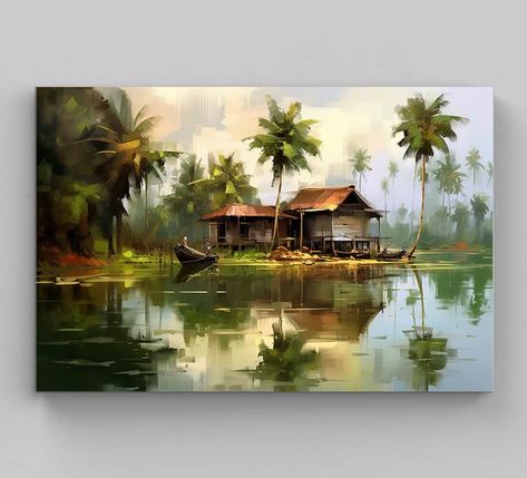 Landscape In Oil Paintings, Kerala Home Decor, South Indian Decor, Nature Abstract Painting, Kerala Painting, Watercolor Scenery Painting, Kerala Art, Beautiful Scenery Paintings, Beautiful Scenery Drawing