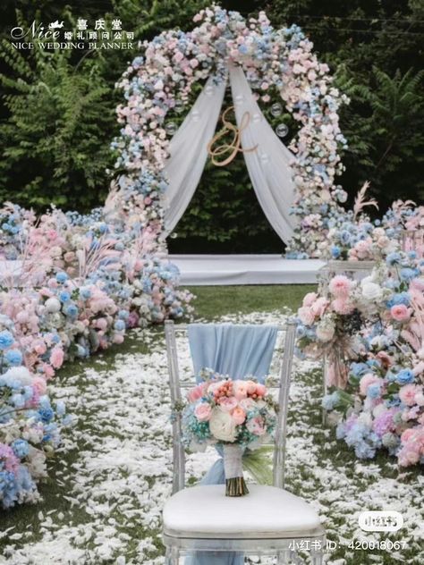 Floral Arch Wedding Indoor, Lover Themed Wedding, Pastel Wedding Theme, Sky Blue Weddings, Wedding Theme Color Schemes, Jasmine Wedding, Floral Arch Wedding, Destination Wedding Decor, Wedding Reception Backdrop