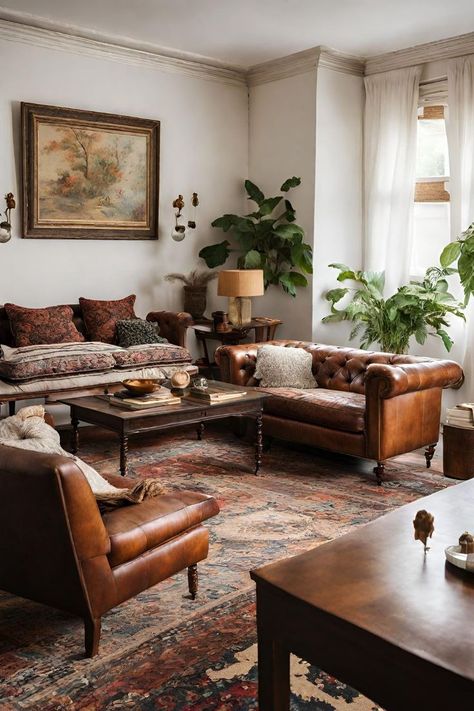 The 10 Best Living Room Decor Ideas With Brown Leather Sofa - Feel Your Home Antique Wood Furniture Living Room, Big Vintage Living Room, Living Room Vintage Rug, Dark Walnut Furniture Living Room, Living Room Rug Leather Couch, English Vintage Living Room, Old School Living Room Ideas, Living Room Ideas Vintage Modern, Modern Interior With Antique Furniture