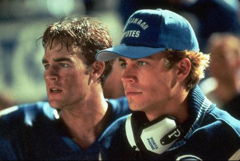 "Varsity Blues" movie still, 1999. L to R: James Van Der Beek, Paul Walker. PLOT: A back-up quarterback (Van Der Beek) is chosen to lead a Texas football team to victory after the star quarterback (Walker) is injured. Paul Walker Varsity Blues, Paul Walker Family, James Van Der Beek, Paul Walker Movies, Varsity Blues, Football Movies, Brian Oconner, Brian O Conner, Rip Paul Walker