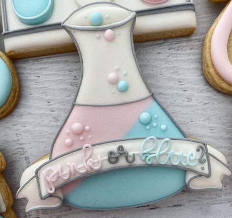 Science Gender Reveal Ideas, Science Themed Gender Reveal, Chemistry Gender Reveal, Science Decorated Cookies, Science Gender Reveal, Science Themed Cookies, Baby Bottle Cookies, Gender Reveal Announcement, Gender Reveal Themes