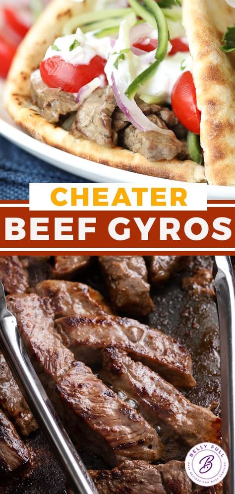 These Beef Gyros are a cheater Gyro with sirloin instead of traditional lamb, store bought Greek seasoning, and homemade Tzatziki sauce. They are simple, quick, and incredibly tasty! Gyro Recipe Beef, Greek Beef Recipes, Best Chicken Taco Recipe, Beef Gyros, Gyro Meat Recipe, Beef Gyro, Lamb Gyros, Greek Gyros, Gyro Recipe