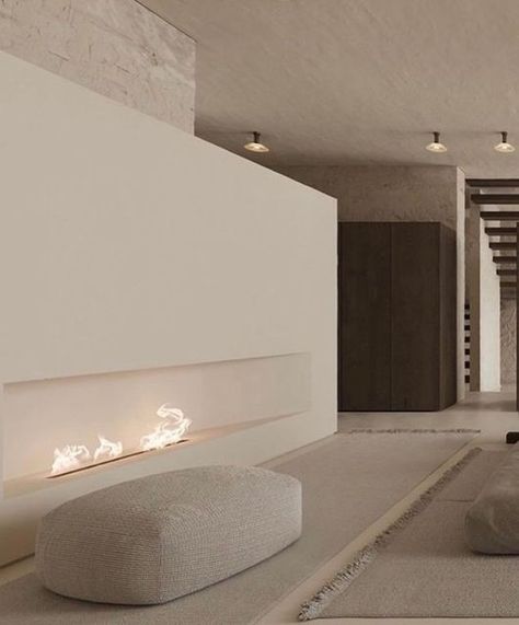 Modern Minimalist House Design Interiors, Modern Bedroom Fireplace, Minimalistic Home Aesthetic, Minimalistic Fireplace, Content Room Ideas, Minimalist Fireplace, House Minimalist, Minimalism Design, Bedroom Fireplace