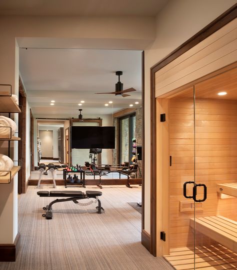 Dream Home Gym, Wellness Room, House Gym, Exercise Room, Gym Room At Home, Home Gym Decor, Sauna Design, Sauna Room, Home Gym Design