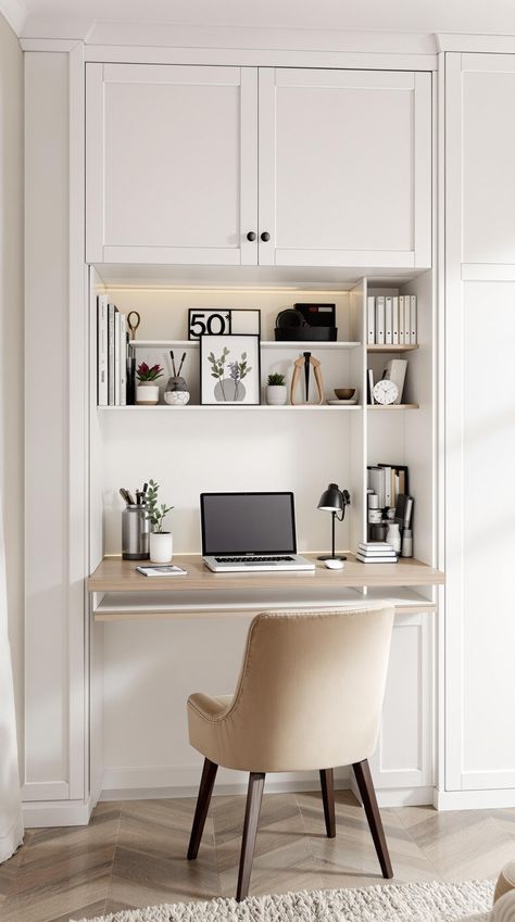 Tiny Office Space Ideas Fitted Desk Ideas, Tiny Office Ideas, Tiny Office Space Ideas, Tiny Office Space, Office Under Stairs, Office Space Ideas, Murphy Desk, Hidden Wall, Fold Out Desk