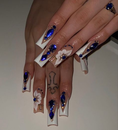 Nails For Quinceanera, Ongles Bling Bling, Quince Nails, Blue And Silver Nails, Quinceanera Nails, Blue And White Nails, Royal Blue Nails, Dark Blue Nails, Navy Blue Nails