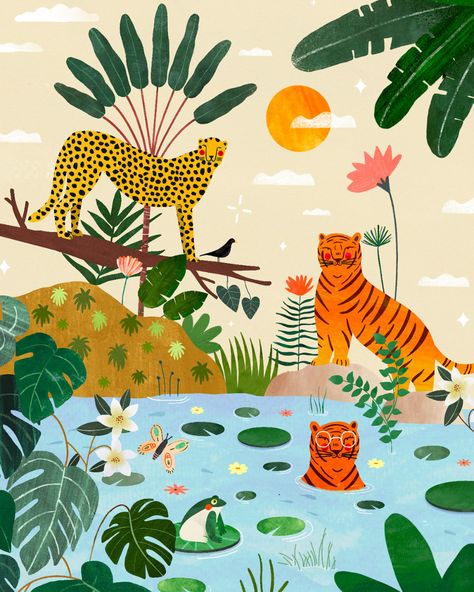 Jungle Illustration, Background Wallpapers, Tiger Art, Orange Art, Phone Background, Small Canvas, Hand Painted Canvas, Digital Illustrations, Support Mural