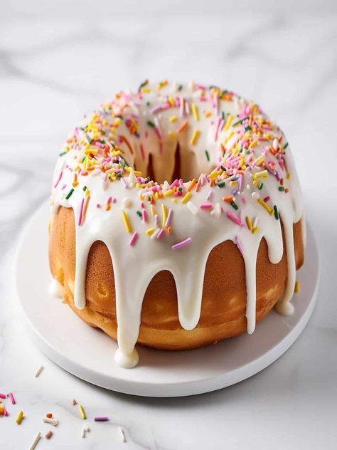 This funfetti birthday bundt cake is a classic pound cake swirled with sprinkles/confetti topped with an easy no-butter cream cheese frosting. Confetti Bundt Cake, Birthday Bundt Cake, Classic Pound Cake, Funfetti Birthday, Butter Cream Cheese Frosting, Yogurt Milk, Bundt Cake Pan, Leftover Cake, Funfetti Cake