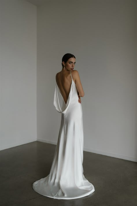 Harmony wedding gown | Minimalist II | Hera Couture Deep Low Back Wedding Dress, Low Back Drape Dress, Silk Wedding Dress Low Back, Deep Back Wedding Dress, Cowl Wedding Dress, Send Off Dress, Sally Mcqueen, Scotland Dress, Cowl Back Wedding Dress