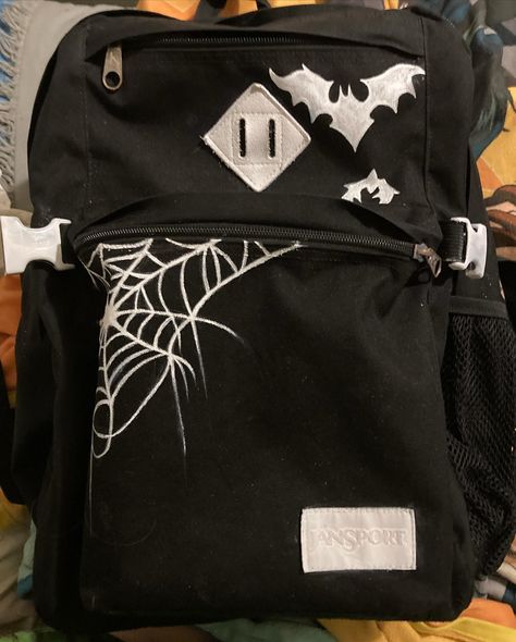 So I painted my backpack for funsies, idk just got bored of all black, she cute tho 💃 #backpack #painting #custom #school School Bag Painting, Backpack Painting, Sketchbook Ideas Doodles, Custom Backpack, Cool Backpacks, All Black, Bags Designer, Sketch Book, Backpacks