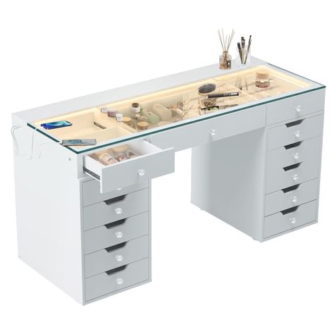 PRICES MAY VARY. Large Storage - Vanity table size of 60" L x 24" W x 31.9" H, makeup vanity desk with 13 storage drawers, super large to store all your makeup and skincare products, stored neatly on your dresser Visible Drawers & Build-in LED light strip - Regular drawers need to be pulled out to find things, but our makeup table has a glass tabletop, check out your cosmetics at a glance. Adjustable light color(Change of natural white, cool white, warm white), brightly, quickly and directly Typ Desk Vanity, Makeup Vanity Table, Makeup Desk, Bedroom Dressing, Large Vanity, Bedroom Dressing Table, Makeup Table Vanity, Make Up Desk Vanity, Vanity Room