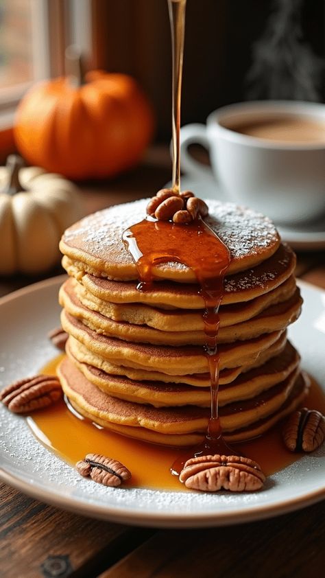 Pumpkin Pancakes with Maple Syrup Cinnamon Apple Oats, Fall Pancakes, Homemade Pumpkin Pancakes, Fall Breakfast Ideas, Fluffy Pumpkin Pancakes, Fall Recipes Breakfast, Apple Oatmeal, Perfect Pancakes, Pumpkin Pancakes