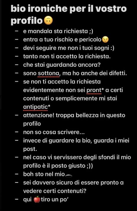 frasi post/bio instagram Bio Per Insta, Bio Instagram Italiano, Bio Instagram Ideas Italiano, Ironic Captions, Song Bio For Instagram, Inspo Bio Instagram, Bio Instagram Ideas, Bio Twitter, Bio Insta