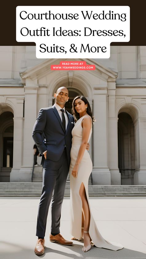 Stunning wedding couple in stylish courthouse wedding outfits, including an elegant dress and a sharp suit, posing outside a courthouse. Courthouse Wedding Groom Outfit, Courthouse Bridal Outfit, Detroit Courthouse Wedding, Civil Wedding Couple Outfit, Justice Of The Peace Wedding Outfit, Fall Courthouse Wedding, Courthouse Wedding Outfit Men, Courthouse Wedding Guest Outfit, Courthouse Wedding Black Couple