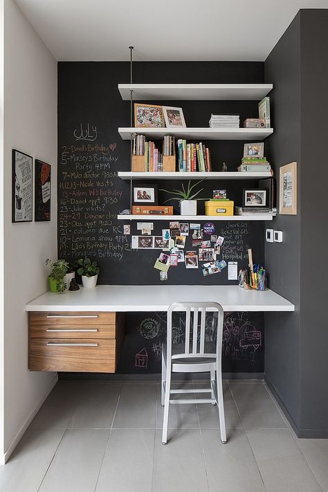 Small home office idea with chalkboard walls [Design: John Donkin Architect] | DKI in West Bloomfield, MI, specializes in the selective demolition of architectural, structural, mechanical and electrical systems. For more information call (248) 538-9910 or visit www.dkidemolition.com. Creative Desks, Contemporary Home Office, Office Nook, Decor Ikea, Small Home Office, Design Studios, Home Office Space, A Desk, Office Inspiration