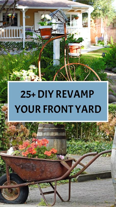 25+ DIY Revamp Your Front Yard Front Yard Corner Garden Ideas, Rustic Landscaping Ideas For Front Yard, Drive Entrance Ideas, Windmill Landscaping Ideas, Outdoor Front Yard Ideas, Front Yard Centerpiece, Yard Decor Diy Outdoor Projects, Country Landscape Ideas, Front Yard Decor Ideas