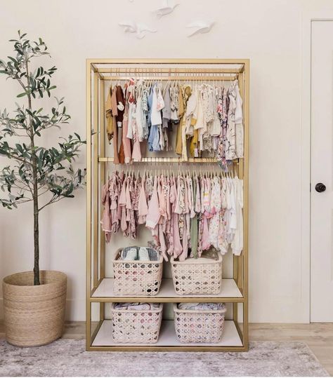 Storage Idea - Modern kid's wood freestanding clothes rack. Jessi Malay, Nursery Layout, Nursery Decorating Ideas, Nursery Tour, Baby Clothes Storage, Baby Nursery Organization, Small Nursery, Baby Dresser, Baby Nursery Inspiration