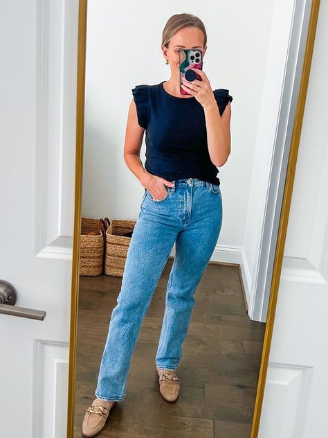 How To Wear 90s Jeans, Ultra High Rise 90s Straight Jean, Styling Straight Leg Jeans Outfit, Full Length Straight Leg Jeans Outfits, Full Length Jeans Outfit, 90s Straight Jeans Outfit, 90s Straight Leg Jeans Outfit, Long Straight Leg Jeans, Loose Jeans Outfit