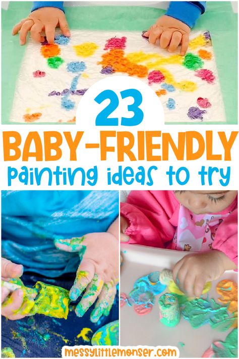 Infant Painting Ideas, Baby Painting Ideas, Baby Canvas Art, Baby Safe Paint, 7 Month Old Baby, Messy Crafts, Sensory Art, Messy Art, Baby Activity