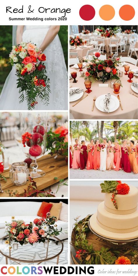 Red And Peach Wedding Theme, Red Summer Wedding Color Schemes, Orange And Red Wedding Theme, Red Orange Wedding Theme, Red And Orange Wedding Theme, Red And Greenery Wedding, Red Wedding Color Schemes, Red And Peach Wedding, Red Summer Wedding