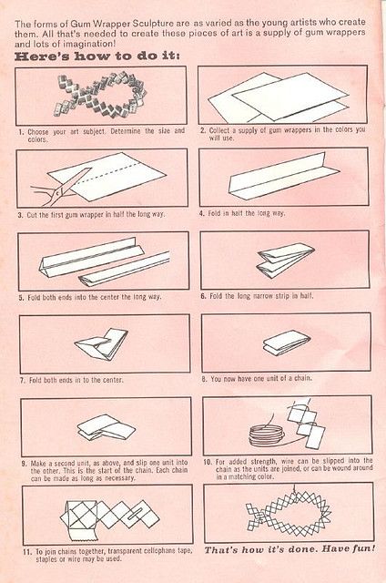 Gum wrapping Tutorial. This how-to is from a vintage booklet called Gum Wrapper Sculpture. Candy Wrapper Crafts, Candy Wrapper Purse, Gum Wrapper, Prison Art, Folding Origami, Magazine Crafts, Paper Chains, Candy Wrapper, Paper Weaving