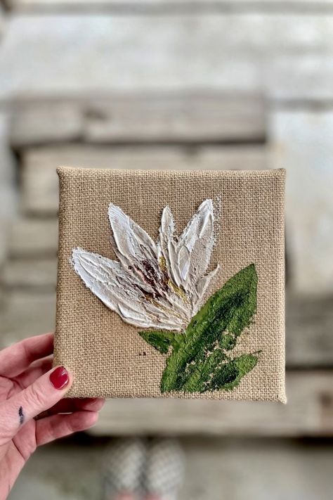 Painting Burlap Diy, Burlap Painting Canvases, Stretched Burlap Canvas Ideas, Burlap Canvas Ideas, Painting On Burlap Canvas, Embroidery On Burlap, Burlap Painting, Painting On Burlap, Burlap Canvas Art