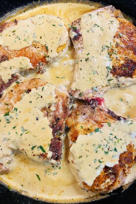 pork chops in skillet with cream sauce Sauce For Pork Tenderloin, Mustard Sauce For Pork, Seasoned Pork Chops, Dijon Cream Sauce, Decadent Dinner, Mustard Cream Sauce, Mustard Pork Chops, Pork Sauce, Creamy Mustard Sauce