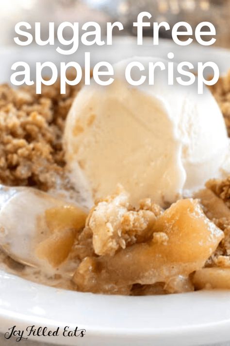 This Sugar Free Apple Crisp is the perfect fall dessert or winter holiday treat. Serve this as a fun twist on the classic apple pie that we all grew up loving to eat. This simple crisp dessert is gluten-free, sugar-free, and Trim Healthy Mama friendly. Low Sugar Thanksgiving Desserts, Sugar Free Apple Pie Filling, Gluten Free Sugar Free Apple Crisp, Low Carb Apple Crisp, Thm Apple Crisp, Low Sugar Desserts For Diabetics, Sugar Free Apple Crisp With Oats, Thm Apple Crisp Recipe, Low Sodium Apple Crisp