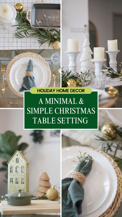 Opt for simple wreaths, wooden stars, and minimalistic garlands. White fairy lights and candles create a peaceful ambiance. Simple Christmas Party Table Decor, Minimalist Christmas Table Setting, Minimal Christmas Table Decor, Christmas Table Settings Simple, White And Gold Christmas Table, Green White And Gold Christmas, Christmas Dining Room Table Decor, Dinner Party Setup, Gold Green Christmas