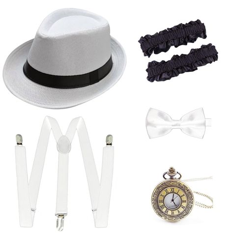 PRICES MAY VARY. The 1920s costume accessories set includes: 1*panama hat, 1*bow tie, 1*Y-back elastic suspender, 1*paper stick, 1*vintage pocket watch and 1 pair of armband garters. What you see is what you get. Panama hat: comfortable and one size fits most, bow tie and armband garters are made of smooth polyester, Y-back suspender is elastic and easy to wear, paper stick is made of plastic and paper, pocket watch is made of alloy. The complete costume accessories and easy to wear, you will ge 1920 Mens Fashion Gatsby Costume Ideas, Gatsby Style Top Hat With Short Brim, White Top Hat Amazon, Luxury Short Brim Top Hat For Men, 1920s Men Accessories, 1920 Accessories, Gangster Costume, 20s Costume, Gangster Costumes