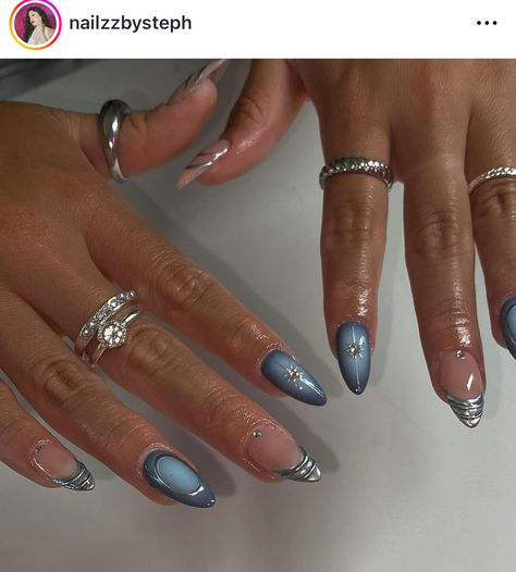 Isolated Chrome Nails, Chrome Nails Blue, Blue Nail Design, Nail Theory, Rave Nails, Blue Chrome Nails, Nails Care, Chrome Nails Designs, Simple Acrylic Nails