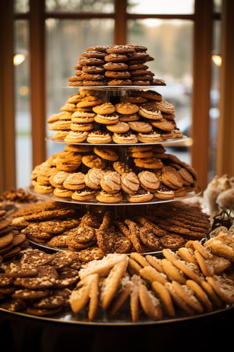 display of delicious cookies at a wedding Cookies Bar Wedding, Cookie Platter Wedding, Italian Cookies Wedding Display, Display Cookies At Wedding, Cookie Bar Wedding Dessert Tables, Cookie Platters Display Wedding, Cookie Station Wedding, Christmas Wedding Cookie Table, Cookie Recipes Wedding