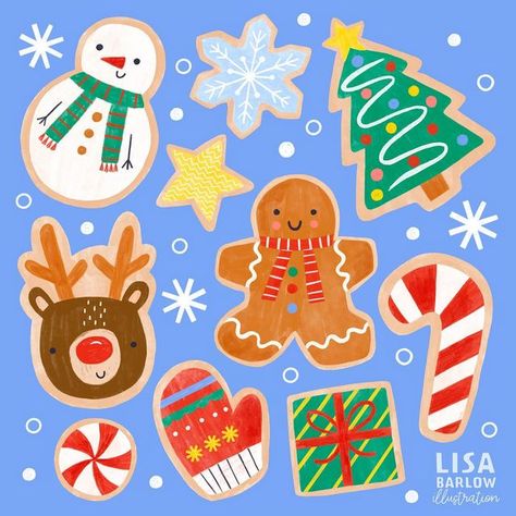 On The First Day Of Christmas, Gingerbread Illustration Christmas, Christmas Cookie Painting, Cookie House Christmas, Christmas Cookie Drawing, Christmas Cookie Illustration, Christmas Cookies Drawing, Christmas Post Ideas, Christmas Collage Art