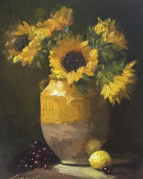 Vase Of Sunflowers Painting, Sunflower Oil Painting, Sunflower Paintings, Simple Oil Painting, Sunflower Art, Sunflower Painting, Flower Oil, Classic Paintings, Painting Art Projects