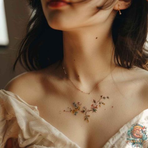 The Bold and Beautiful: Exploring the Allure of Collar Bone Tattoos: 123 Designs - inktat2.com Delicate Collarbone Tattoo, Collarbone Tattoo Flower, Collar Bone Shoulder Tattoo, Shoulder Collar Bone Tattoo For Women, Flower Collar Bone Tattoo, Tattoo Inspo Women, Clavicle Tattoos For Women, Collarbone Tattoos For Women, Clavicle Tattoos