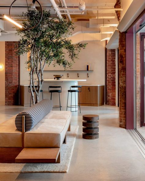 Sella designs Brooklyn offices for Sidewalk Infrastructure Partners Leather Banquette, Startup Office, Basement Studio, Brick Columns, Office Lobby, Collaboration Space, Workplace Design, Private Office, Coworking Space