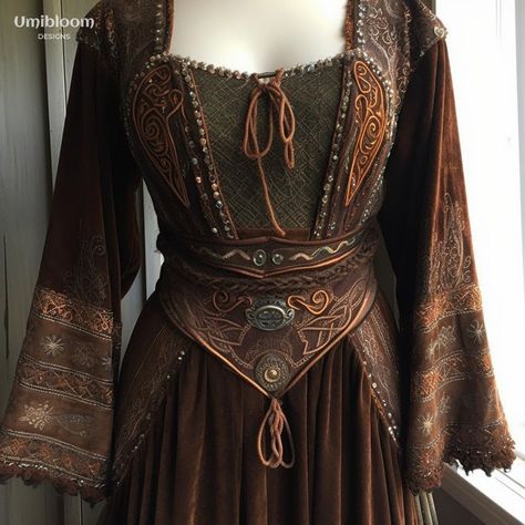 Celtic Witch Outfit, Celtic Fantasy Outfit, Celtic Style Clothes, Celtic Dress Medieval, Celtic Aesthetic Outfit, Celtic Clothing Women, Viking Clothes Women, Medieval Clothing Aesthetic, Medival Dresses Aesthetic