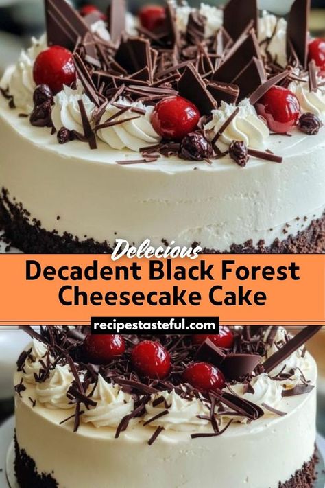 A luscious dessert combining layers of rich chocolate cake, creamy cheesecake, and sweet cherry filling, perfect for special occasions or a delightful treat. Black Forest Cheesecake, Cherry Cheesecake Recipe, Chocolate Cheesecake Recipes, Cherry Filling, Black Forest Cake, Instant Pudding Mix, Cheesecake Cake, Rich Chocolate Cake, Cherry Cheesecake